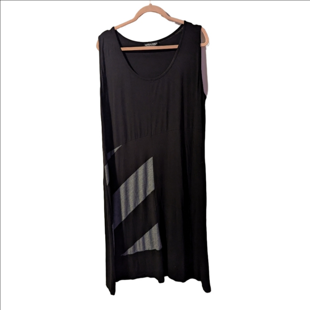 KOKOMARINA Black Grey Abstract Lagenlook Casual Soft Midi Dress Size 2 XLarge